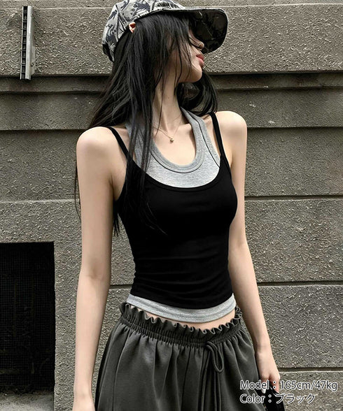 レイヤード風キャミソール 韓国風配色夏服 レディース 重ね着風キャミソール 細見えドッキング リブタンクトップ きれいめカジュアルインナー バイカラータンク着やせ 83FENGSE-003