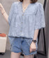 Vネックフリルブラウス 花柄刺しゅう夏服 レディース 半袖薄手 シャツブラウス 体型カバートップス きれいめ 大人可愛い フェミニン服 着やせ 人気ゆったりシャツ 83FENYUN-001