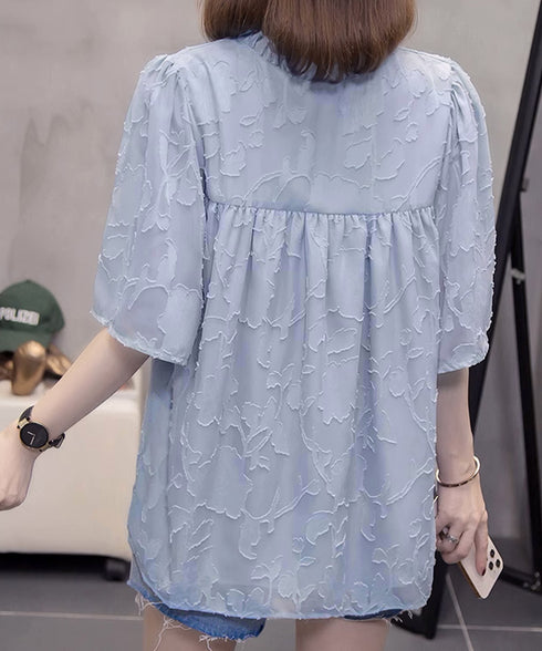 Vネックフリルブラウス 花柄刺しゅう夏服 レディース 半袖薄手 シャツブラウス 体型カバートップス きれいめ 大人可愛い フェミニン服 着やせ 人気ゆったりシャツ 83FENYUN-001