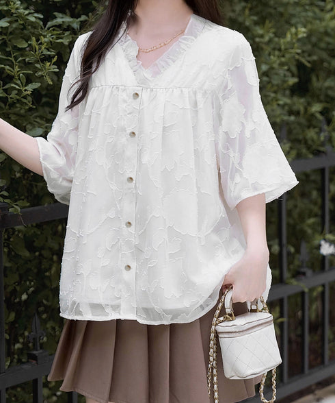 Vネックフリルブラウス 花柄刺しゅう夏服 レディース 半袖薄手 シャツブラウス 体型カバートップス きれいめ 大人可愛い フェミニン服 着やせ 人気ゆったりシャツ 83FENYUN-001