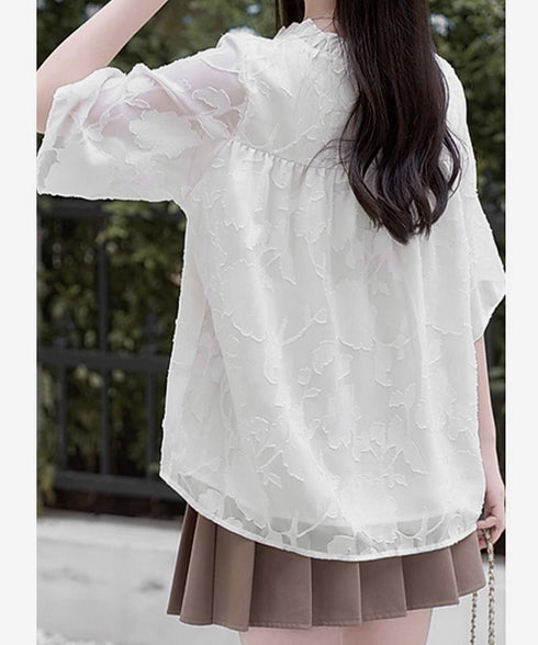 Vネックフリルブラウス 花柄刺しゅう夏服 レディース 半袖薄手 シャツブラウス 体型カバートップス きれいめ 大人可愛い フェミニン服 着やせ 人気ゆったりシャツ 83FENYUN-001