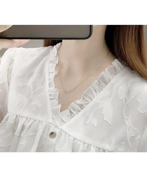 Vネックフリルブラウス 花柄刺しゅう夏服 レディース 半袖薄手 シャツブラウス 体型カバートップス きれいめ 大人可愛い フェミニン服 着やせ 人気ゆったりシャツ 83FENYUN-001