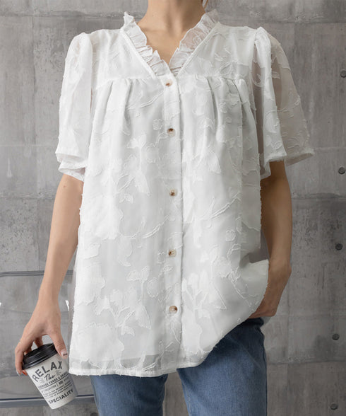 Vネックフリルブラウス 花柄刺しゅう夏服 レディース 半袖薄手 シャツブラウス 体型カバートップス きれいめ 大人可愛い フェミニン服 着やせ 人気ゆったりシャツ 83FENYUN-001