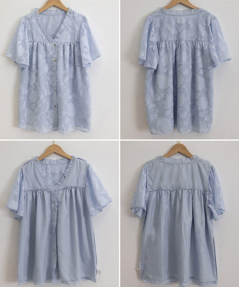 Vネックフリルブラウス 花柄刺しゅう夏服 レディース 半袖薄手 シャツブラウス 体型カバートップス きれいめ 大人可愛い フェミニン服 着やせ 人気ゆったりシャツ 83FENYUN-001