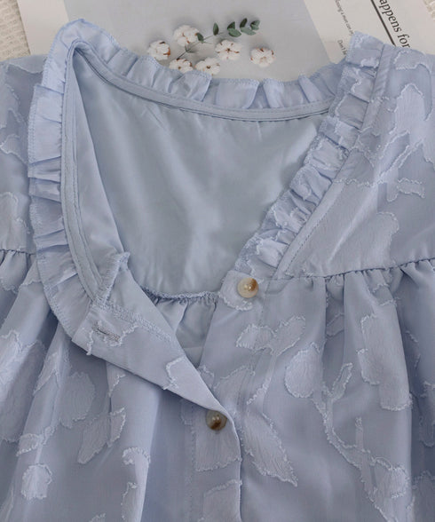 Vネックフリルブラウス 花柄刺しゅう夏服 レディース 半袖薄手 シャツブラウス 体型カバートップス きれいめ 大人可愛い フェミニン服 着やせ 人気ゆったりシャツ 83FENYUN-001