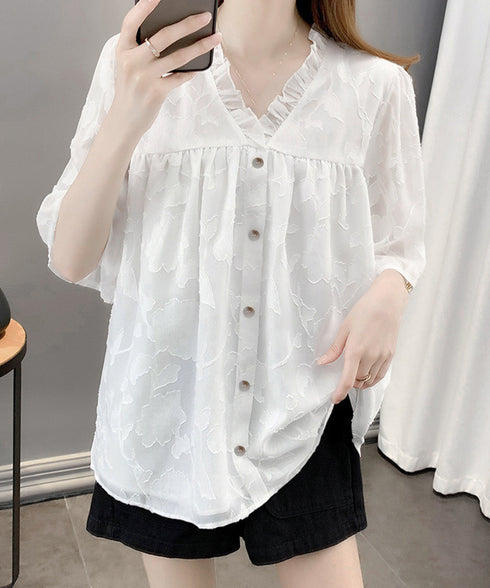 Vネックフリルブラウス 花柄刺しゅう夏服 レディース 半袖薄手 シャツブラウス 体型カバートップス きれいめ 大人可愛い フェミニン服 着やせ 人気ゆったりシャツ 83FENYUN-001