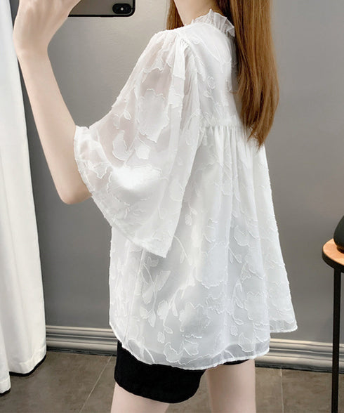 Vネックフリルブラウス 花柄刺しゅう夏服 レディース 半袖薄手 シャツブラウス 体型カバートップス きれいめ 大人可愛い フェミニン服 着やせ 人気ゆったりシャツ 83FENYUN-001