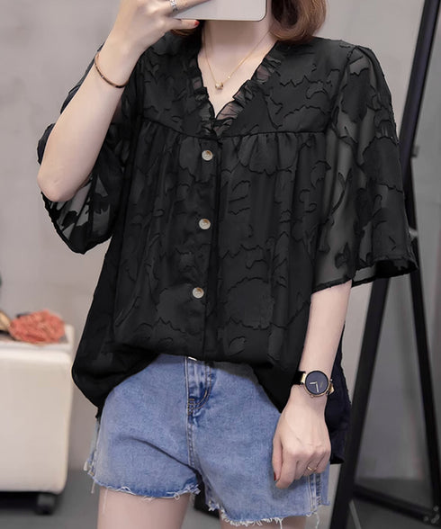 Vネックフリルブラウス 花柄刺しゅう夏服 レディース 半袖薄手 シャツブラウス 体型カバートップス きれいめ 大人可愛い フェミニン服 着やせ 人気ゆったりシャツ 83FENYUN-001