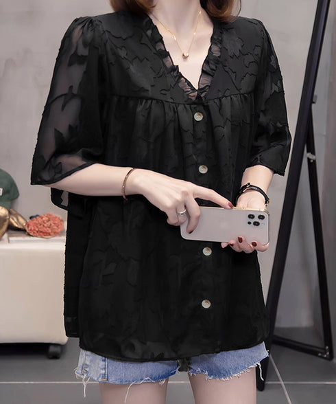 Vネックフリルブラウス 花柄刺しゅう夏服 レディース 半袖薄手 シャツブラウス 体型カバートップス きれいめ 大人可愛い フェミニン服 着やせ 人気ゆったりシャツ 83FENYUN-001