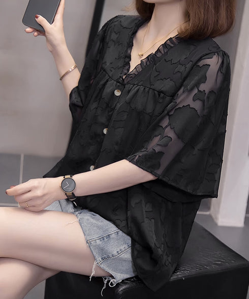 Vネックフリルブラウス 花柄刺しゅう夏服 レディース 半袖薄手 シャツブラウス 体型カバートップス きれいめ 大人可愛い フェミニン服 着やせ 人気ゆったりシャツ 83FENYUN-001