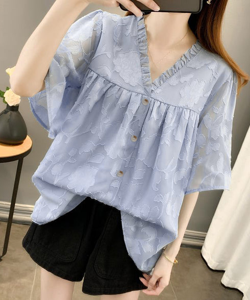 Vネックフリルブラウス 花柄刺しゅう夏服 レディース 半袖薄手 シャツブラウス 体型カバートップス きれいめ 大人可愛い フェミニン服 着やせ 人気ゆったりシャツ 83FENYUN-001