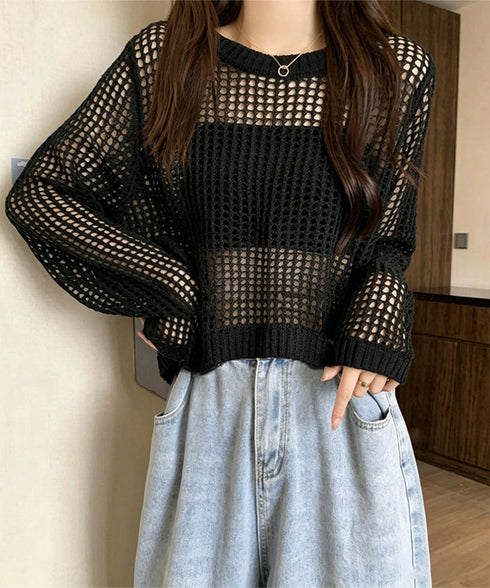 透かし編み メッシュニット重ね着春夏新作 レディースクルーネック サマーニット着やせ レイヤードプルオーバー 体型カバー 大人カジュアル シアートップス涼しい長袖 83GELAN-001