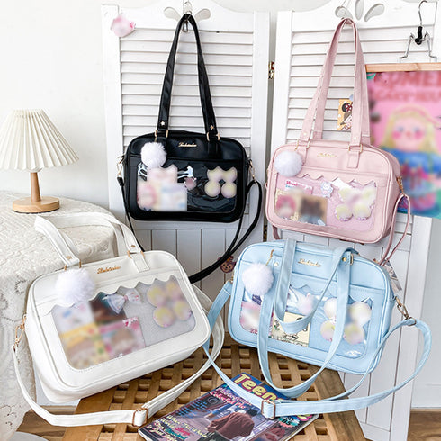 痛バッグ ショルダースクールバッグ高校生 可愛い 2WAY スクールBAG 肩掛け PUレザー 斜め掛けかばん クリア 学生カバン トートバッグ通学バッグA4韓国 83HANC-001