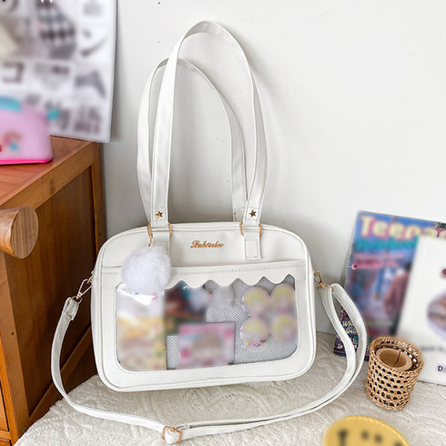 痛バッグ ショルダースクールバッグ高校生 可愛い 2WAY スクールBAG 肩掛け PUレザー 斜め掛けかばん クリア 学生カバン トートバッグ通学バッグA4韓国 83HANC-001