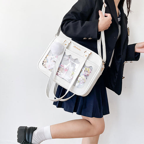 痛バッグ ショルダースクールバッグ高校生 可愛い 2WAY スクールBAG 肩掛け PUレザー 斜め掛けかばん クリア 学生カバン トートバッグ通学バッグA4韓国 83HANC-001