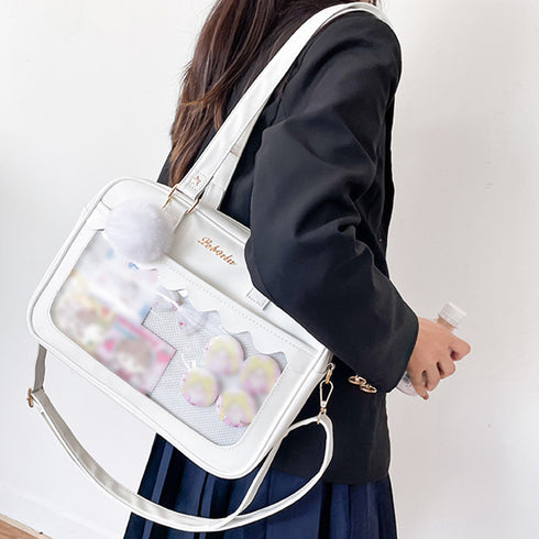 痛バッグ ショルダースクールバッグ高校生 可愛い 2WAY スクールBAG 肩掛け PUレザー 斜め掛けかばん クリア 学生カバン トートバッグ通学バッグA4韓国 83HANC-001