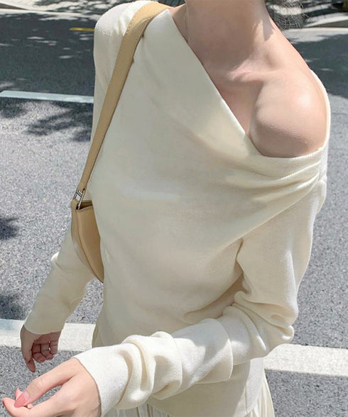 オフショルニットトップスサイドタック長袖 2way ニットソー レディース オフショルダーニットプルオーバー フェミニン 春秋服 ギャザーニットセーターオルチャン 83HTAO-004