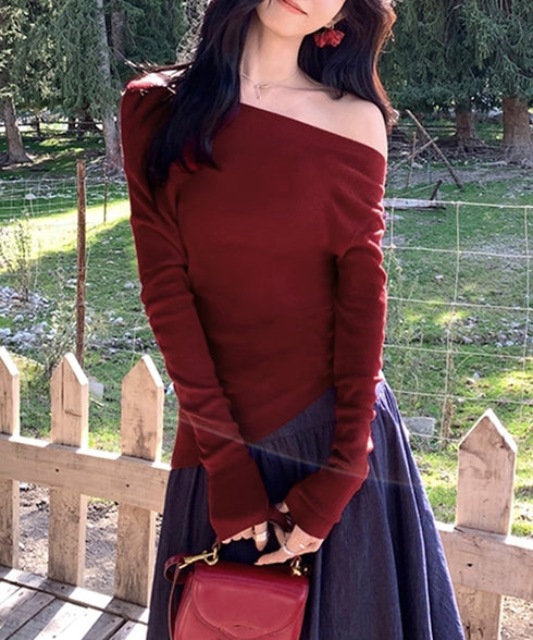 オフショルニットトップスサイドタック長袖 2way ニットソー レディース オフショルダーニットプルオーバー フェミニン 春秋服 ギャザーニットセーターオルチャン 83HTAO-004