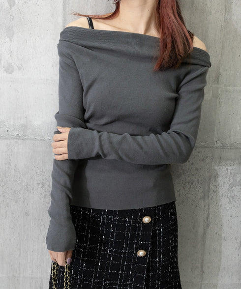 オフショルニットトップスサイドタック長袖 2way ニットソー レディース オフショルダーニットプルオーバー フェミニン 春秋服 ギャザーニットセーターオルチャン 83HTAO-004