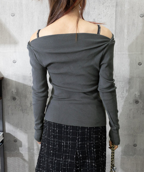 オフショルニットトップスサイドタック長袖 2way ニットソー レディース オフショルダーニットプルオーバー フェミニン 春秋服 ギャザーニットセーターオルチャン 83HTAO-004