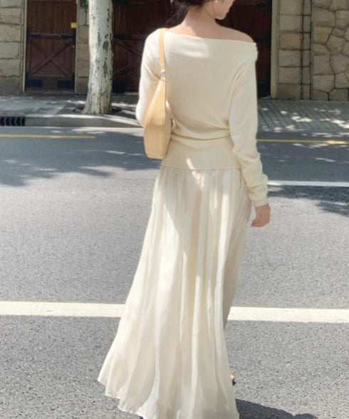 オフショルニットトップスサイドタック長袖 2way ニットソー レディース オフショルダーニットプルオーバー フェミニン 春秋服 ギャザーニットセーターオルチャン 83HTAO-004