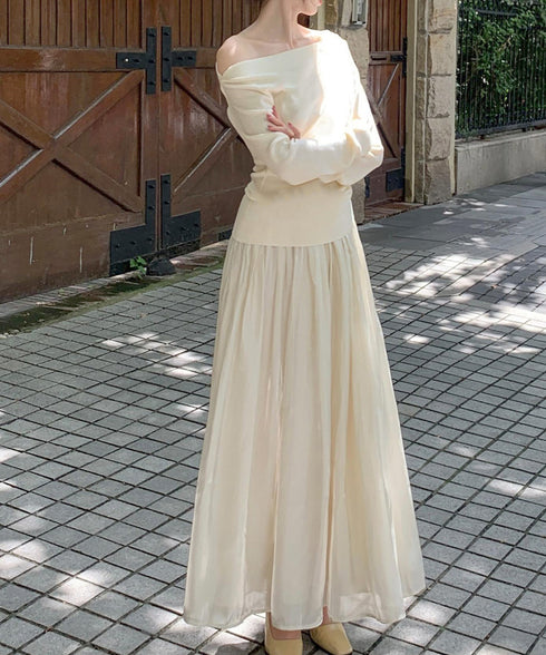 オフショルニットトップスサイドタック長袖 2way ニットソー レディース オフショルダーニットプルオーバー フェミニン 春秋服 ギャザーニットセーターオルチャン 83HTAO-004