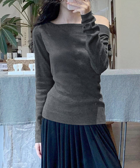 オフショルニットトップスサイドタック長袖 2way ニットソー レディース オフショルダーニットプルオーバー フェミニン 春秋服 ギャザーニットセーターオルチャン 83HTAO-004