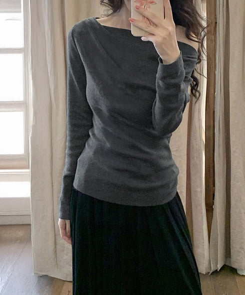 オフショルニットトップスサイドタック長袖 2way ニットソー レディース オフショルダーニットプルオーバー フェミニン 春秋服 ギャザーニットセーターオルチャン 83HTAO-004