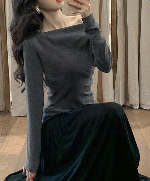 オフショルニットトップスサイドタック長袖 2way ニットソー レディース オフショルダーニットプルオーバー フェミニン 春秋服 ギャザーニットセーターオルチャン 83HTAO-004