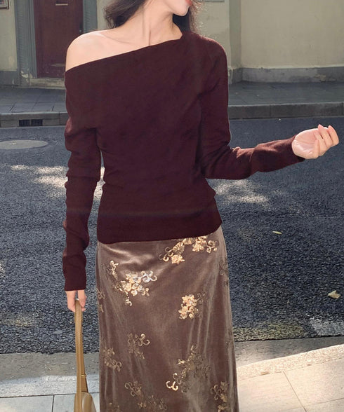 オフショルニットトップスサイドタック長袖 2way ニットソー レディース オフショルダーニットプルオーバー フェミニン 春秋服 ギャザーニットセーターオルチャン 83HTAO-004