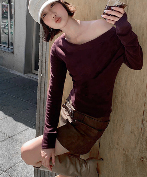 オフショルニットトップスサイドタック長袖 2way ニットソー レディース オフショルダーニットプルオーバー フェミニン 春秋服 ギャザーニットセーターオルチャン 83HTAO-004