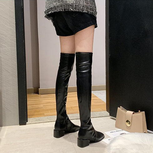 ニーハイブーツ スクエアトゥ 美脚ブーツ レディース ローヒール ロングブーツ おしゃれ サイドジップ サイハイブーツ チャンキーヒール 歩きやすい PUレザー 83HUIHAO-001