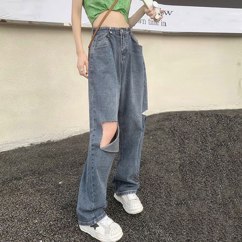 デニムパンツ ダメージ ジーンズ 春夏秋 デニムワイドパンツ ハイウエストストレートパンツ おしゃれ レディース ロングパンツ着やせ 10代20代30代 ボトムス 83HXXIN-001