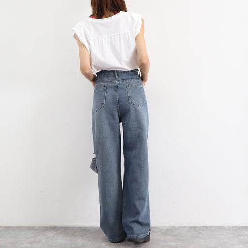 デニムパンツ ダメージ ジーンズ 春夏秋 デニムワイドパンツ ハイウエストストレートパンツ おしゃれ レディース ロングパンツ着やせ 10代20代30代 ボトムス 83HXXIN-001