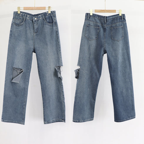 デニムパンツ ダメージ ジーンズ 春夏秋 デニムワイドパンツ ハイウエストストレートパンツ おしゃれ レディース ロングパンツ着やせ 10代20代30代 ボトムス 83HXXIN-001