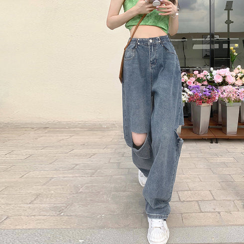 デニムパンツ ダメージ ジーンズ 春夏秋 デニムワイドパンツ ハイウエストストレートパンツ おしゃれ レディース ロングパンツ着やせ 10代20代30代 ボトムス 83HXXIN-001