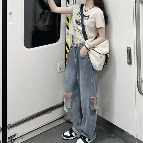 デニムパンツ ダメージ ジーンズ 春夏秋 デニムワイドパンツ ハイウエストストレートパンツ おしゃれ レディース ロングパンツ着やせ 10代20代30代 ボトムス 83HXXIN-001