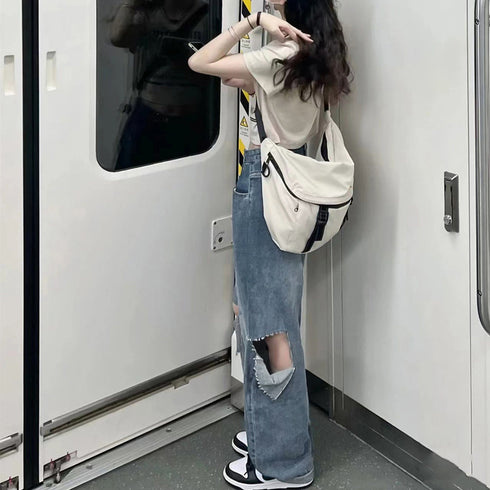 デニムパンツ ダメージ ジーンズ 春夏秋 デニムワイドパンツ ハイウエストストレートパンツ おしゃれ レディース ロングパンツ着やせ 10代20代30代 ボトムス 83HXXIN-001