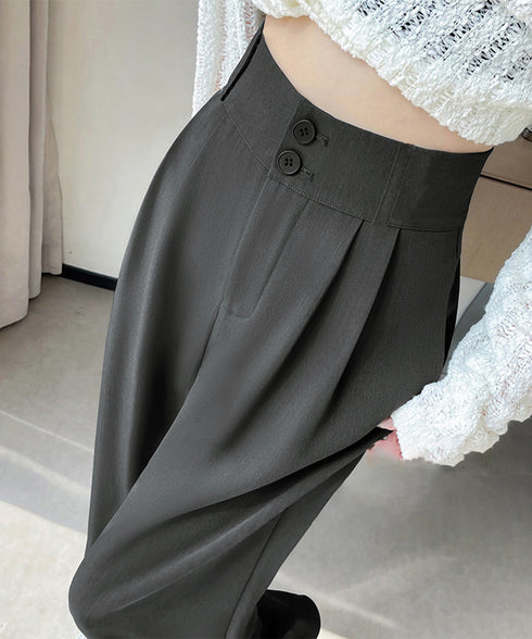 ワイドパンツ ツータックスラックスパンツ レディース ダブルボタンストレートパンツ オフィスカジュアル 着やせロングパンツ ハイウエストイージーパンツ バックゴム 83JIAYANG-001