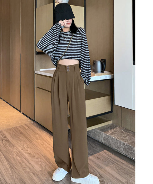 ワイドパンツ ツータックスラックスパンツ レディース ダブルボタンストレートパンツ オフィスカジュアル 着やせロングパンツ ハイウエストイージーパンツ バックゴム 83JIAYANG-001
