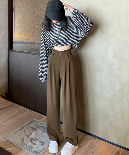 ワイドパンツ ツータックスラックスパンツ レディース ダブルボタンストレートパンツ オフィスカジュアル 着やせロングパンツ ハイウエストイージーパンツ バックゴム 83JIAYANG-001
