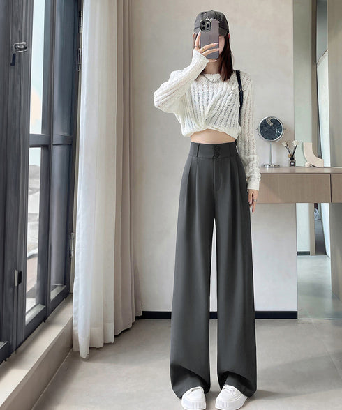 ワイドパンツ ツータックスラックスパンツ レディース ダブルボタンストレートパンツ オフィスカジュアル 着やせロングパンツ ハイウエストイージーパンツ バックゴム 83JIAYANG-001