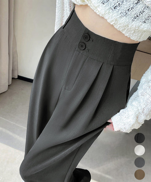 ワイドパンツ ツータックスラックスパンツ レディース ダブルボタンストレートパンツ オフィスカジュアル 着やせロングパンツ ハイウエストイージーパンツ バックゴム 83JIAYANG-001