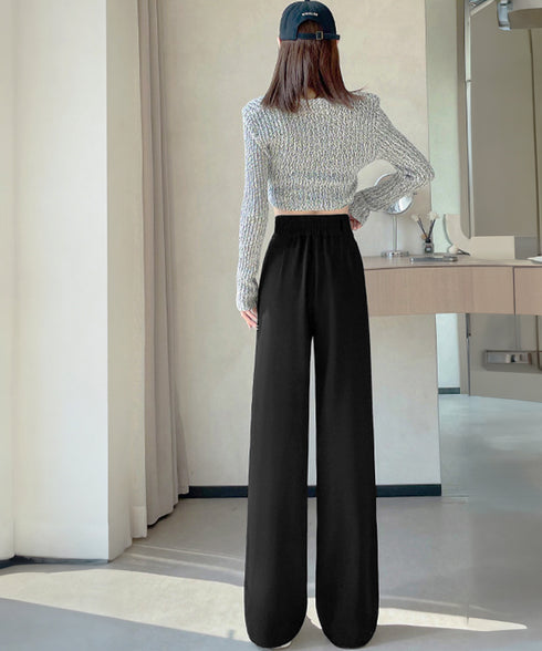 ワイドパンツ ツータックスラックスパンツ レディース ダブルボタンストレートパンツ オフィスカジュアル 着やせロングパンツ ハイウエストイージーパンツ バックゴム 83JIAYANG-001