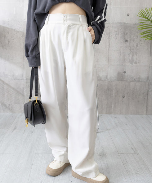 ワイドパンツ ツータックスラックスパンツ レディース ダブルボタンストレートパンツ オフィスカジュアル 着やせロングパンツ ハイウエストイージーパンツ バックゴム 83JIAYANG-001
