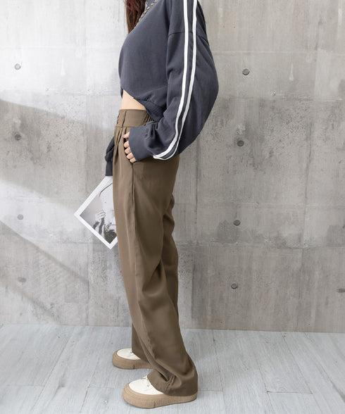 ワイドパンツ ツータックスラックスパンツ レディース ダブルボタンストレートパンツ オフィスカジュアル 着やせロングパンツ ハイウエストイージーパンツ バックゴム 83JIAYANG-001