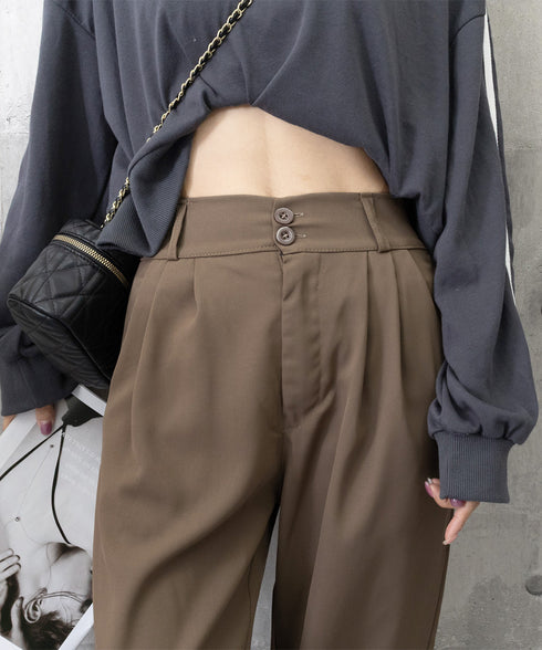 ワイドパンツ ツータックスラックスパンツ レディース ダブルボタンストレートパンツ オフィスカジュアル 着やせロングパンツ ハイウエストイージーパンツ バックゴム 83JIAYANG-001
