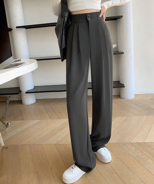ワイドパンツ ツータックスラックスパンツ レディース ダブルボタンストレートパンツ オフィスカジュアル 着やせロングパンツ ハイウエストイージーパンツ バックゴム 83JIAYANG-001