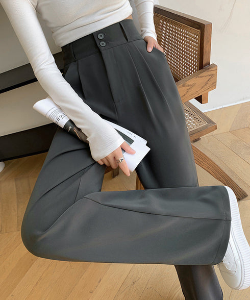 ワイドパンツ ツータックスラックスパンツ レディース ダブルボタンストレートパンツ オフィスカジュアル 着やせロングパンツ ハイウエストイージーパンツ バックゴム 83JIAYANG-001