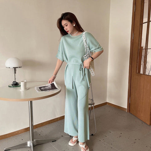 ニットセットアップ 冷感タッチレディース サマーニット ワイドパンツ 2点セット ゆったり オフィスカジュアル セットアップ スリット トップス きれいめ 薄手 83JINXIU-001